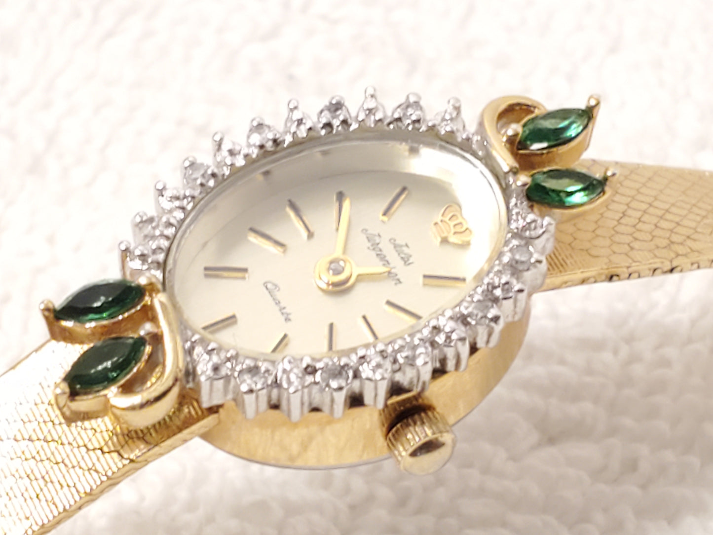 Vintage Jules Jurgensen Women's Gold Tone Watch 1 Jewel Diamonds Bezel Emerald