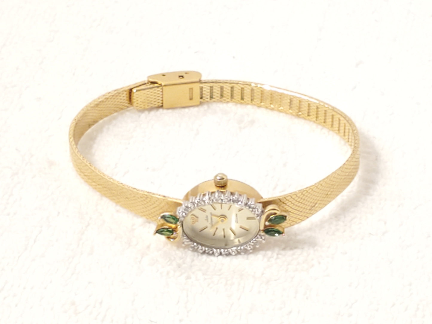 Vintage Jules Jurgensen Women's Gold Tone Watch 1 Jewel Diamonds Bezel Emerald