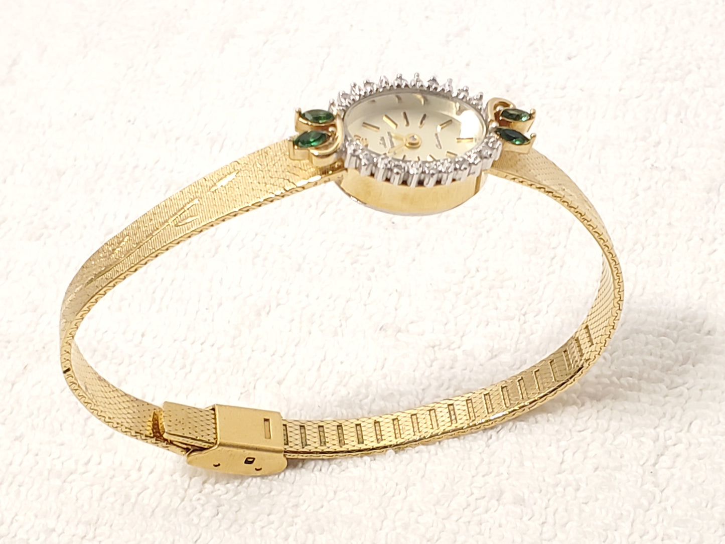 Vintage Jules Jurgensen Women's Gold Tone Watch 1 Jewel Diamonds Bezel Emerald