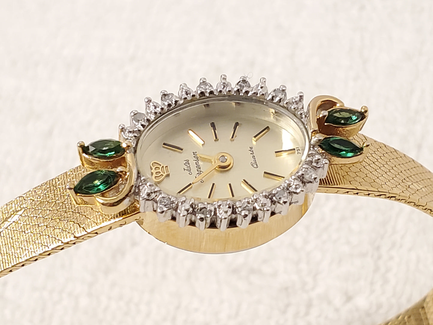 Vintage Jules Jurgensen Women's Gold Tone Watch 1 Jewel Diamonds Bezel Emerald