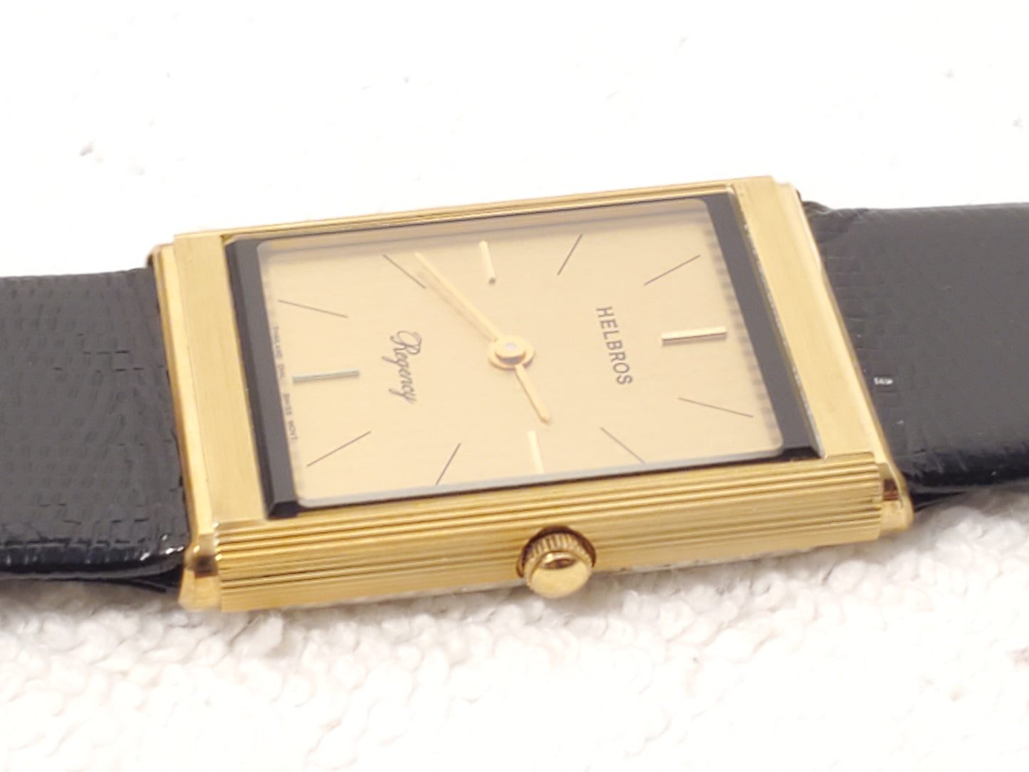 Vintage Helbros Regency Swiss Men's Gold Plated Tank Watch 6 Jewels Leather Band