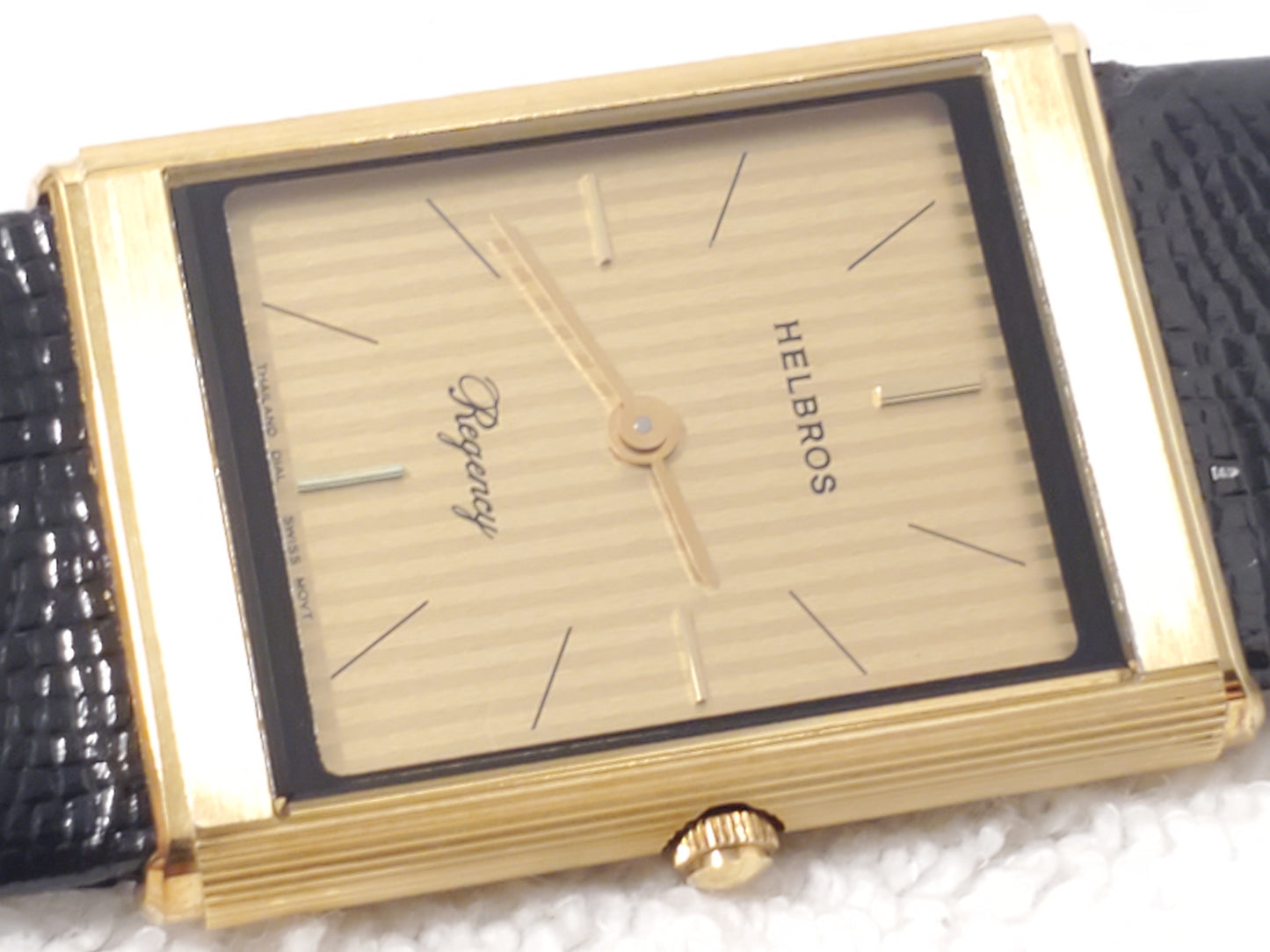 Vintage Helbros Regency Swiss Men's Gold Plated Tank Watch 6 Jewels Leather Band