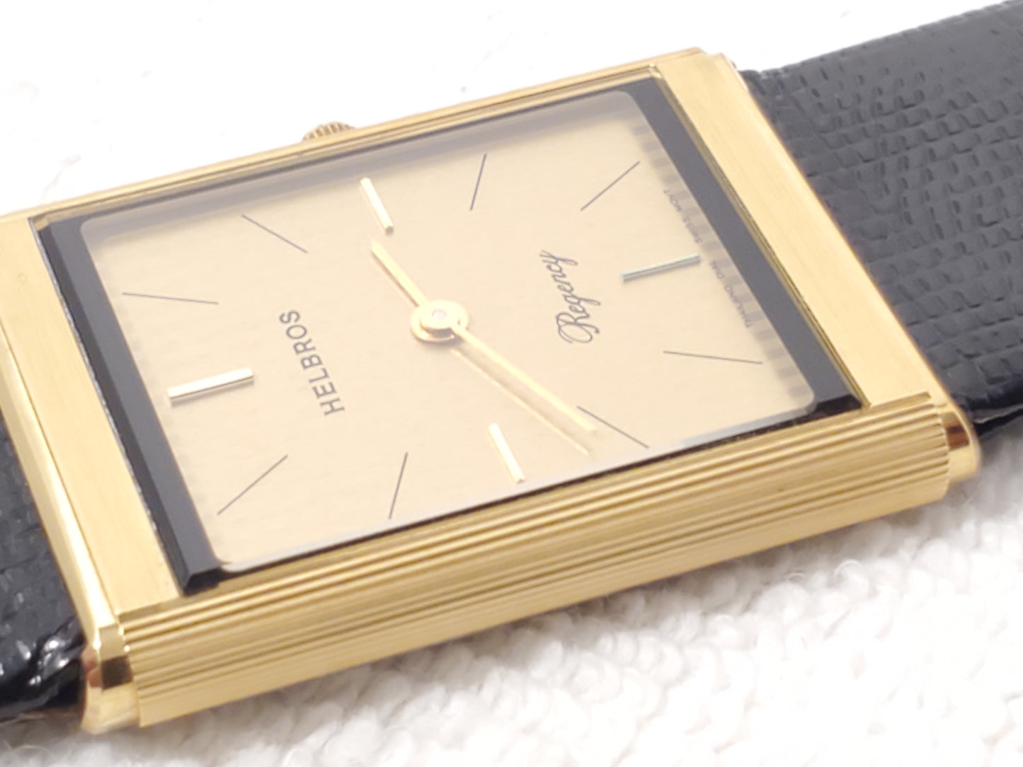Vintage Helbros Regency Swiss Men's Gold Plated Tank Watch 6 Jewels Leather Band