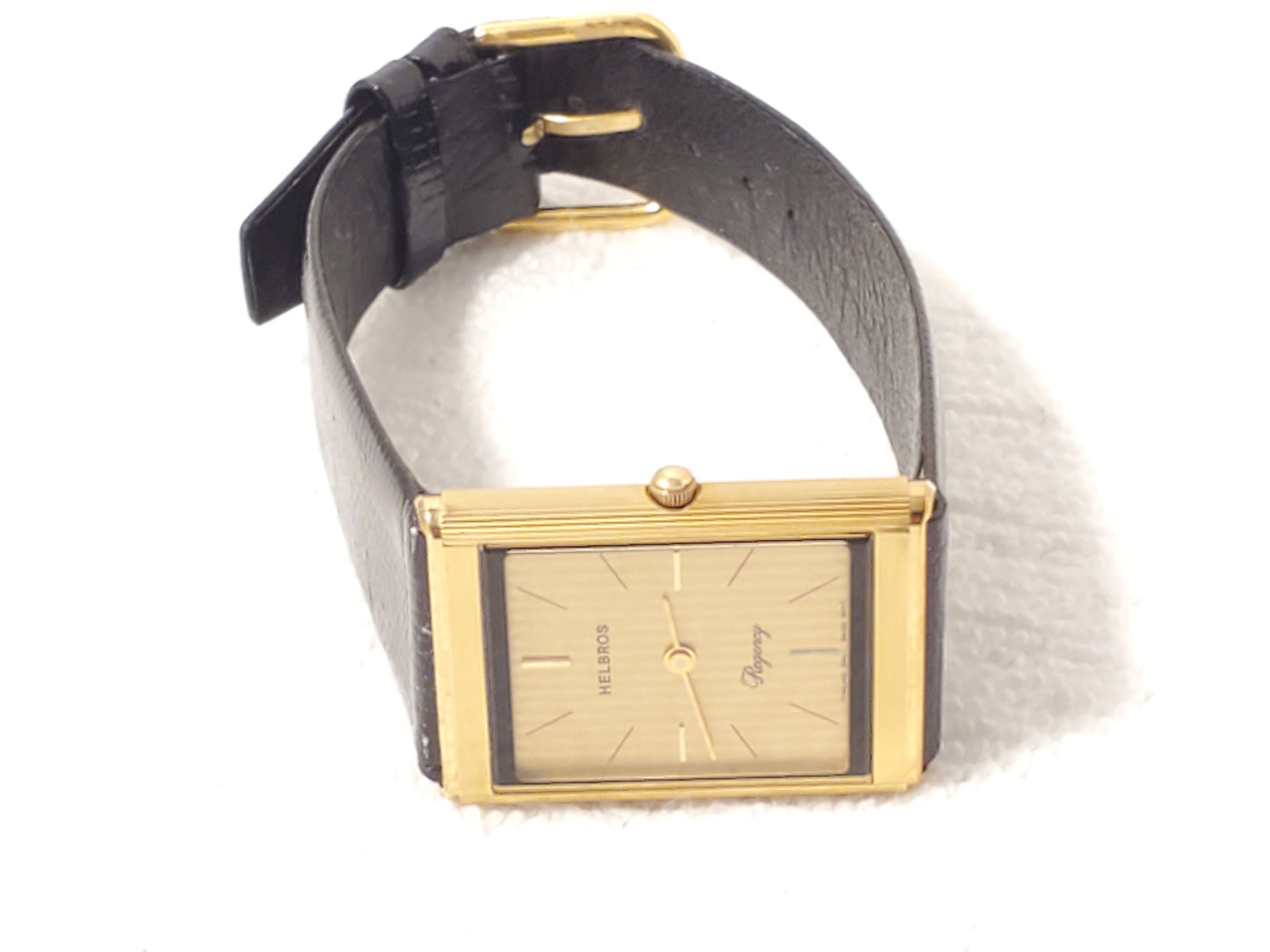 Vintage Helbros Regency Swiss Men's Gold Plated Tank Watch 6 Jewels Leather Band