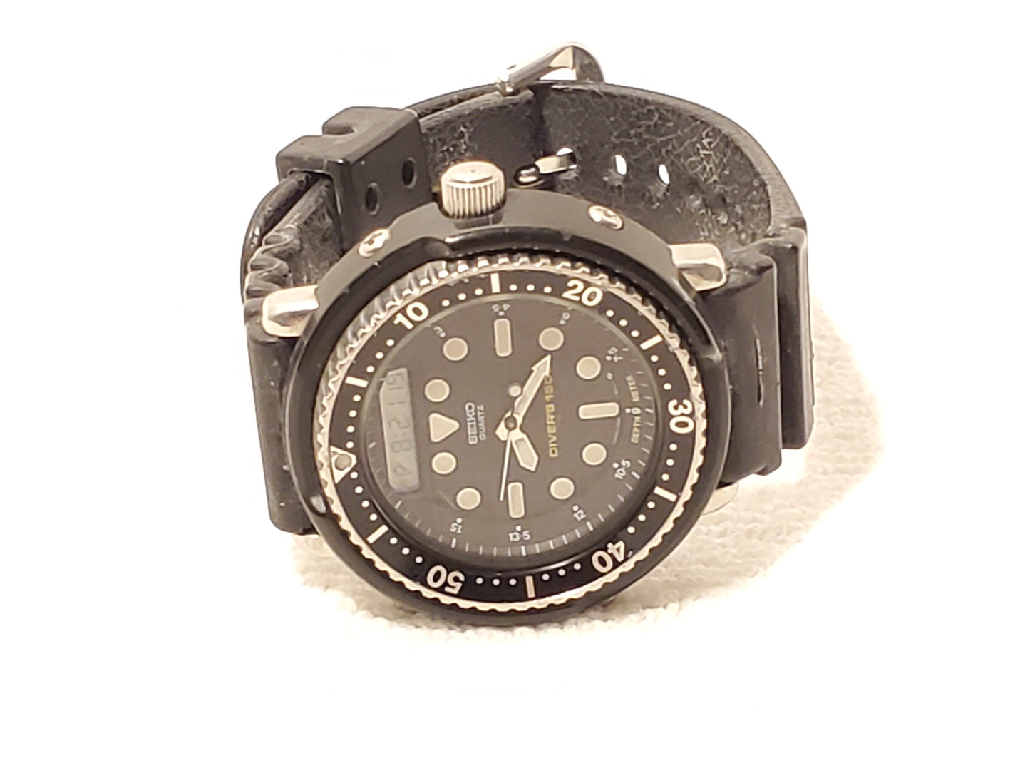 Vintage Seiko Diver's 150 Men's Black Analog Digital Watch Alarm Chronograph