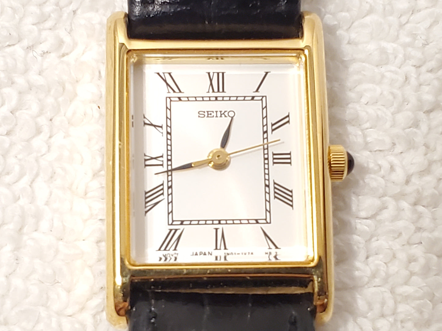 Vintage Seiko Women Tank Gold Tone Watch Leather Band Silver Dial Roman Numerals