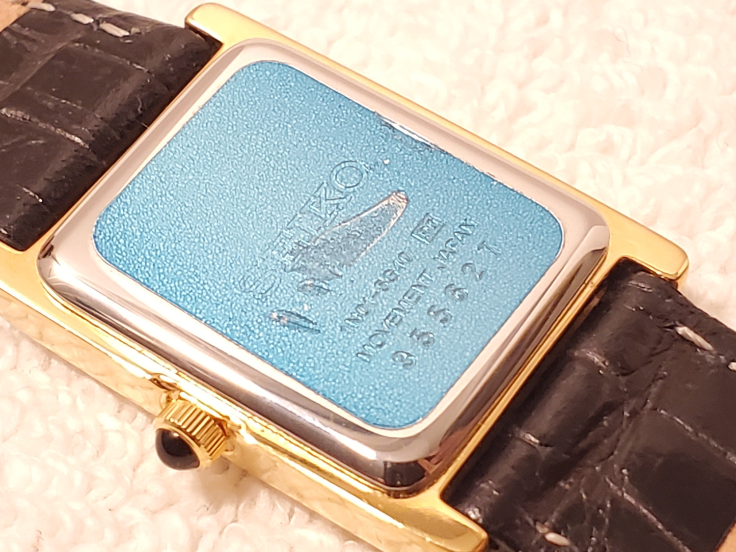 Vintage Seiko Women Tank Gold Tone Watch Leather Band Silver Dial Roman Numerals