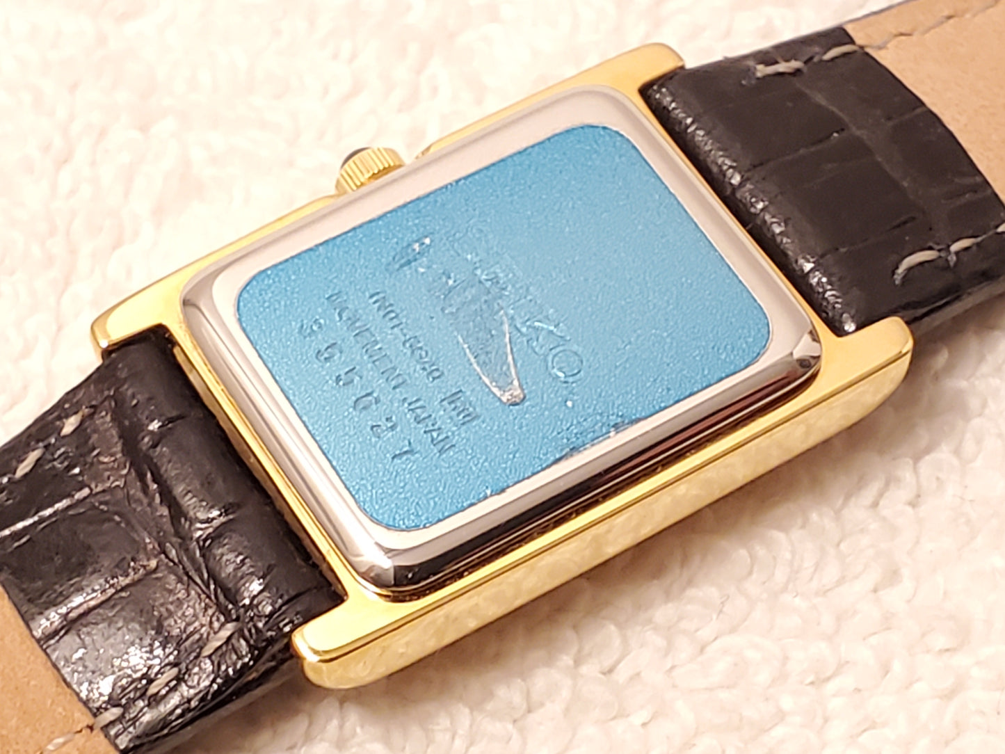 Vintage Seiko Women Tank Gold Tone Watch Leather Band Silver Dial Roman Numerals