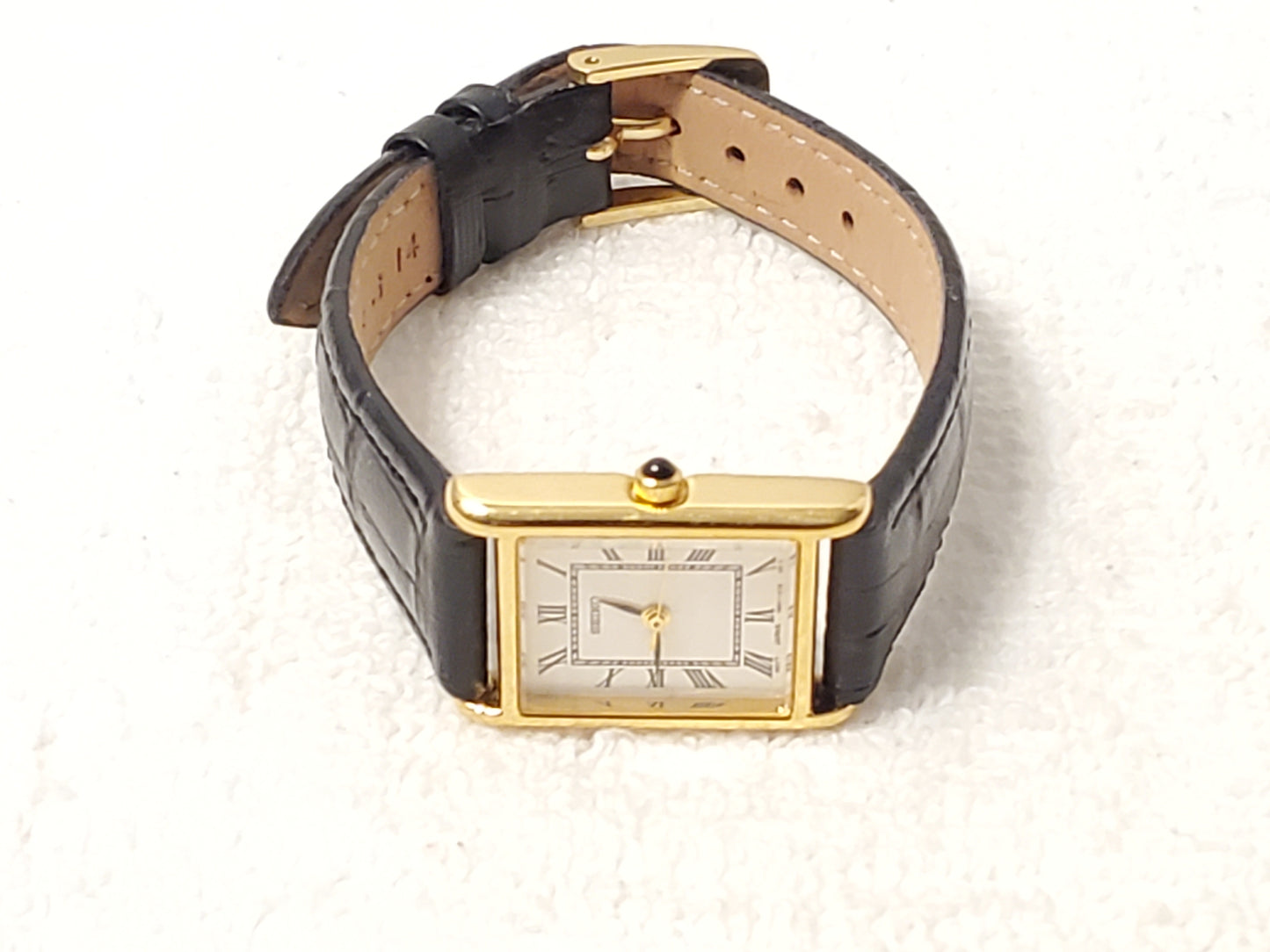 Vintage Seiko Women Tank Gold Tone Watch Leather Band Silver Dial Roman Numerals