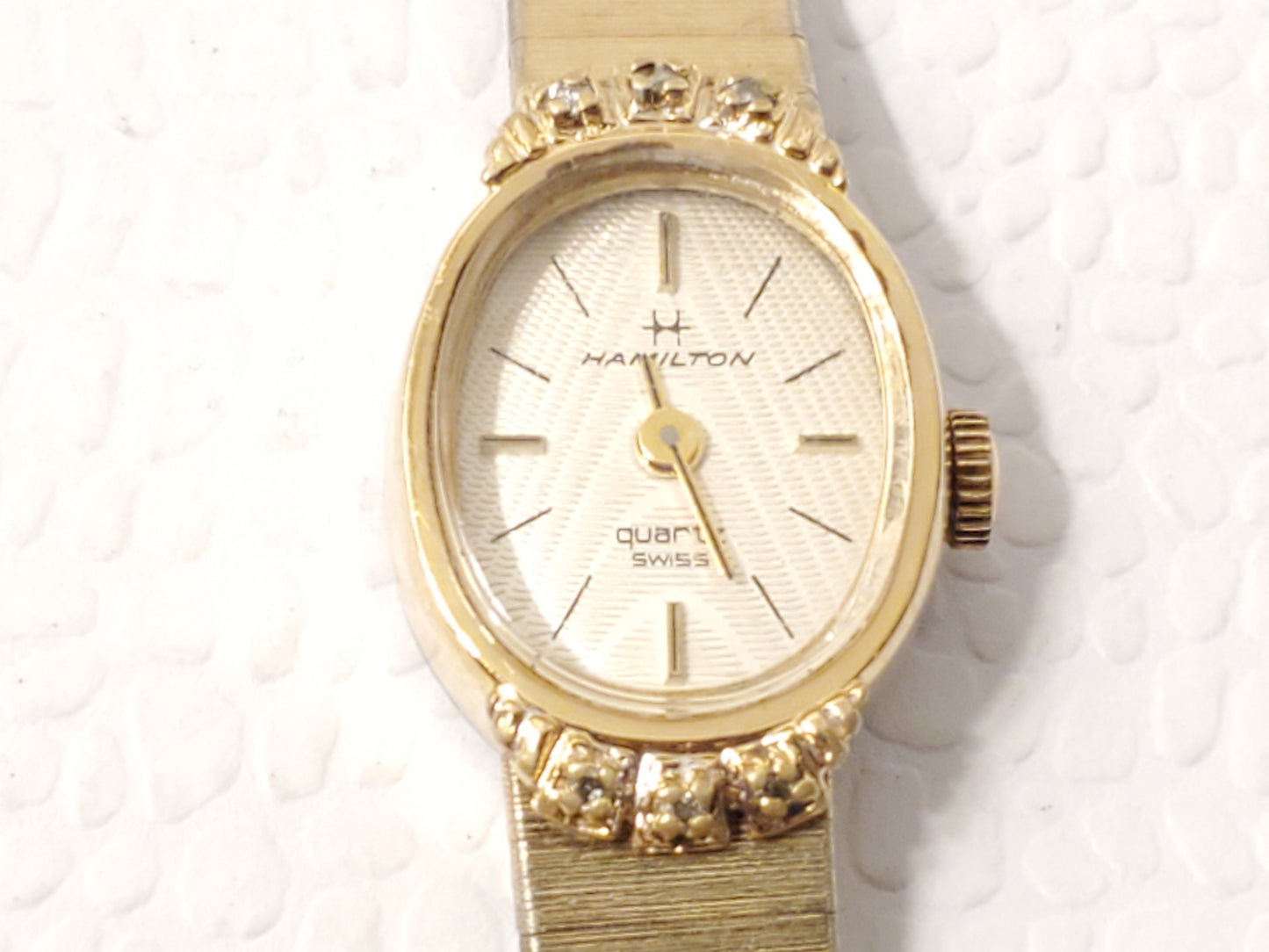 Vintage Hamilton Swiss Quartz Womens Watch Six Diamonds Bezel Four Jewels 10K GP
