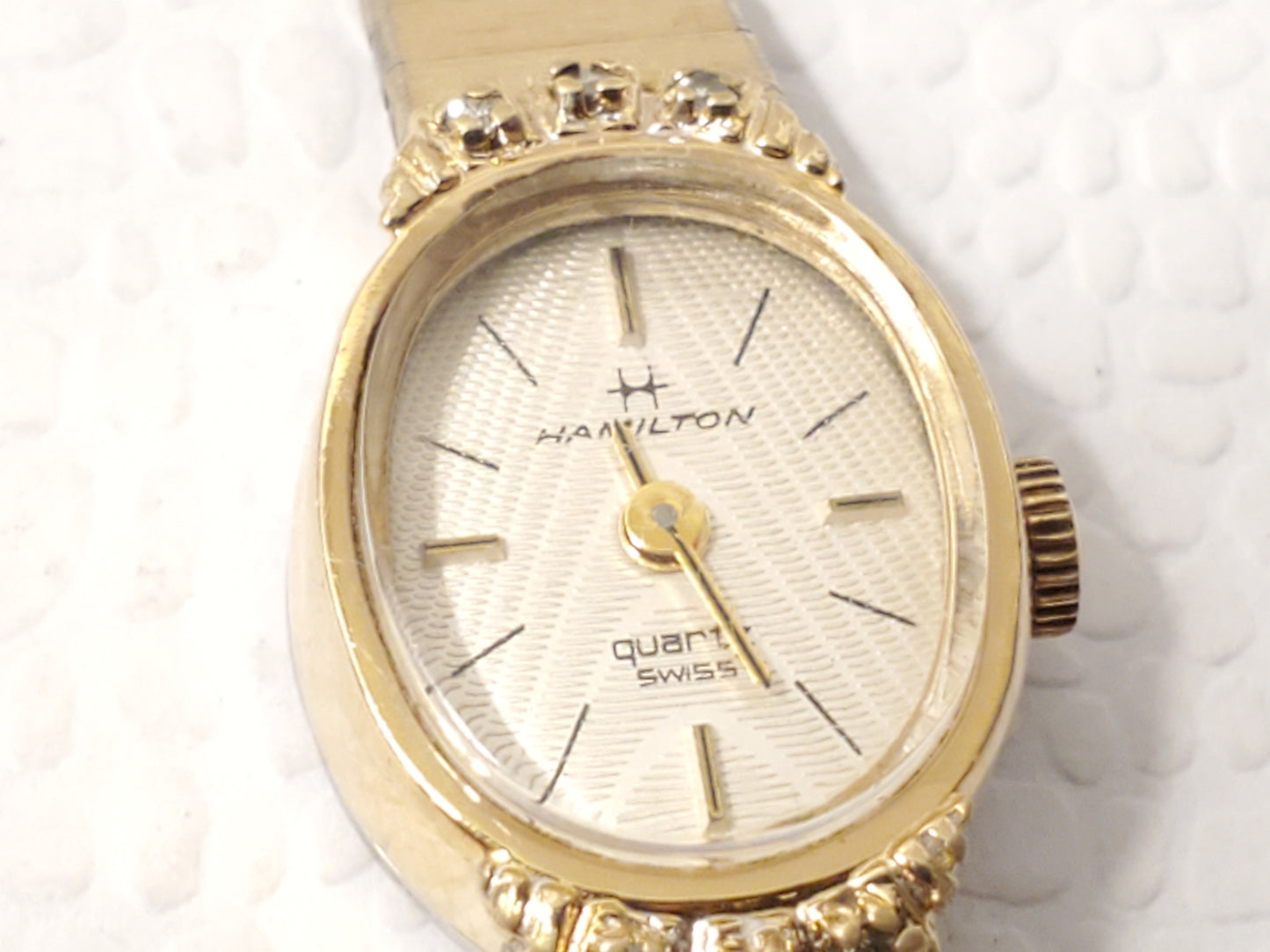 Vintage Hamilton Swiss Quartz Womens Watch Six Diamonds Bezel Four Jewels 10K GP