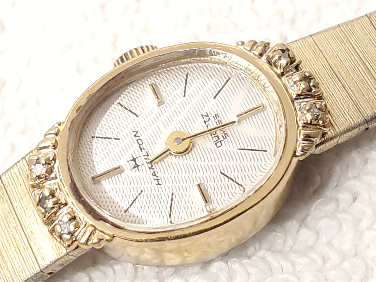 Vintage Hamilton Swiss Quartz Womens Watch Six Diamonds Bezel Four Jewels 10K GP
