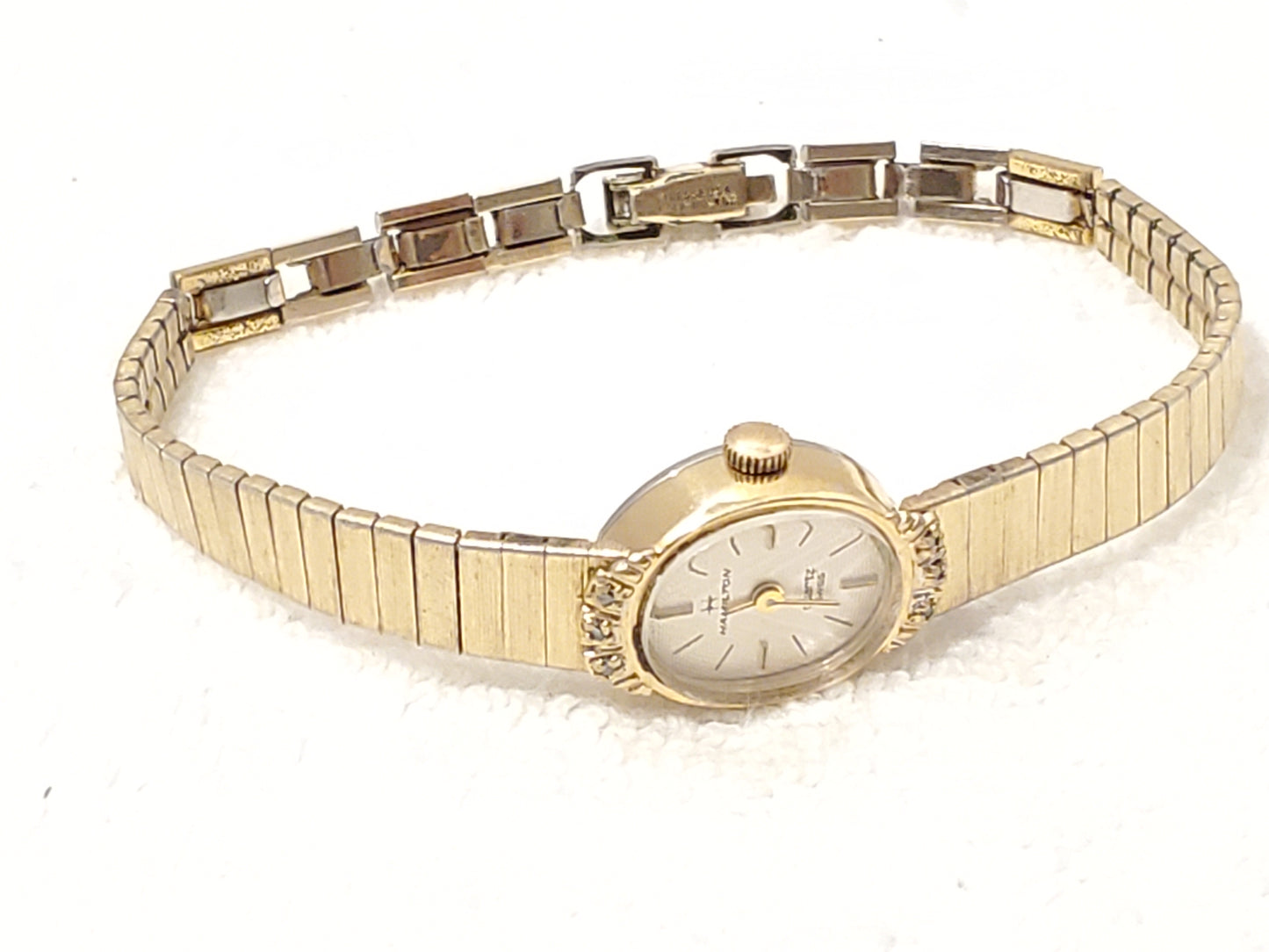 Vintage Hamilton Swiss Quartz Womens Watch Six Diamonds Bezel Four Jewels 10K GP
