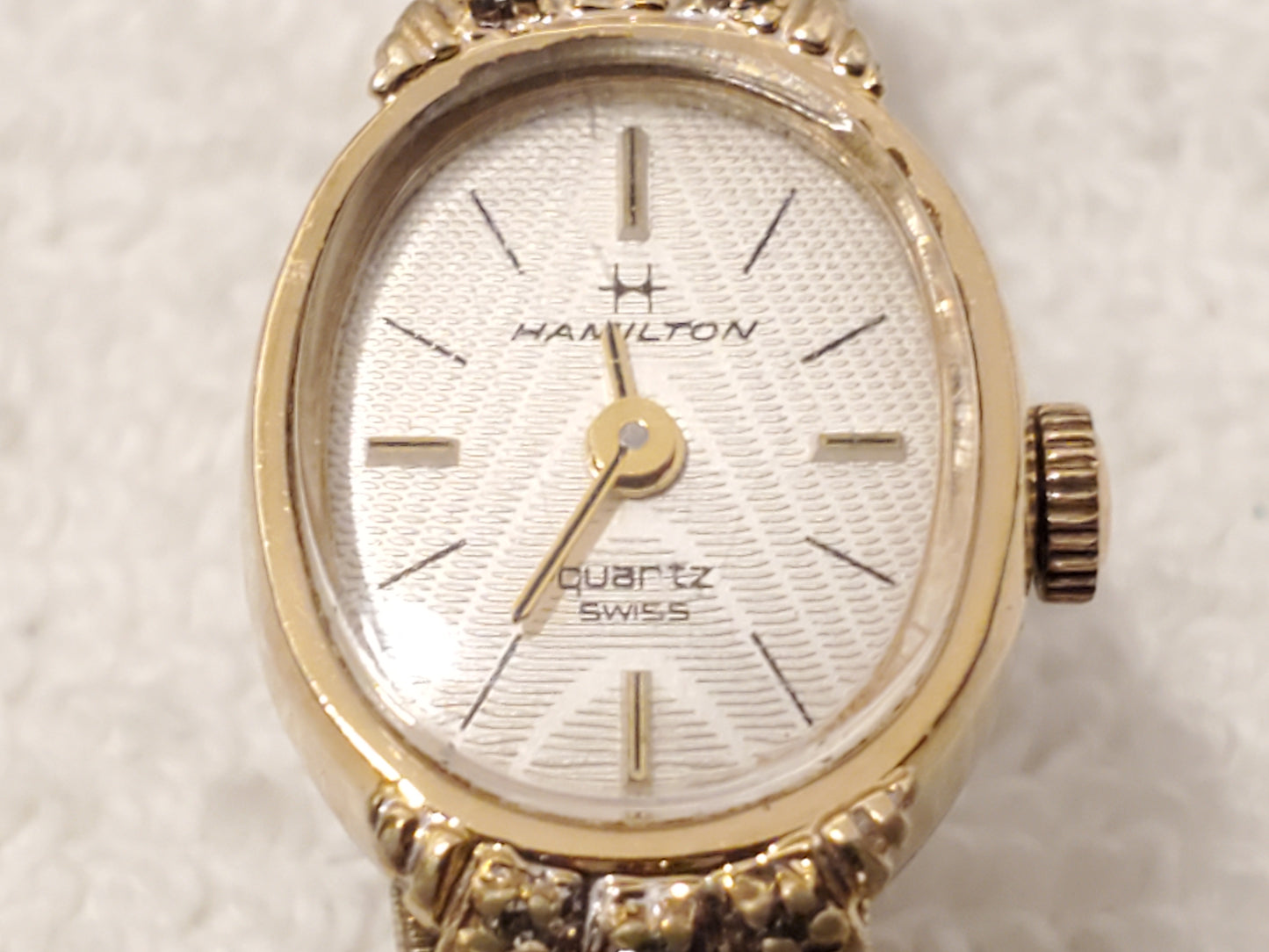 Vintage Hamilton Swiss Quartz Womens Watch Six Diamonds Bezel Four Jewels 10K GP