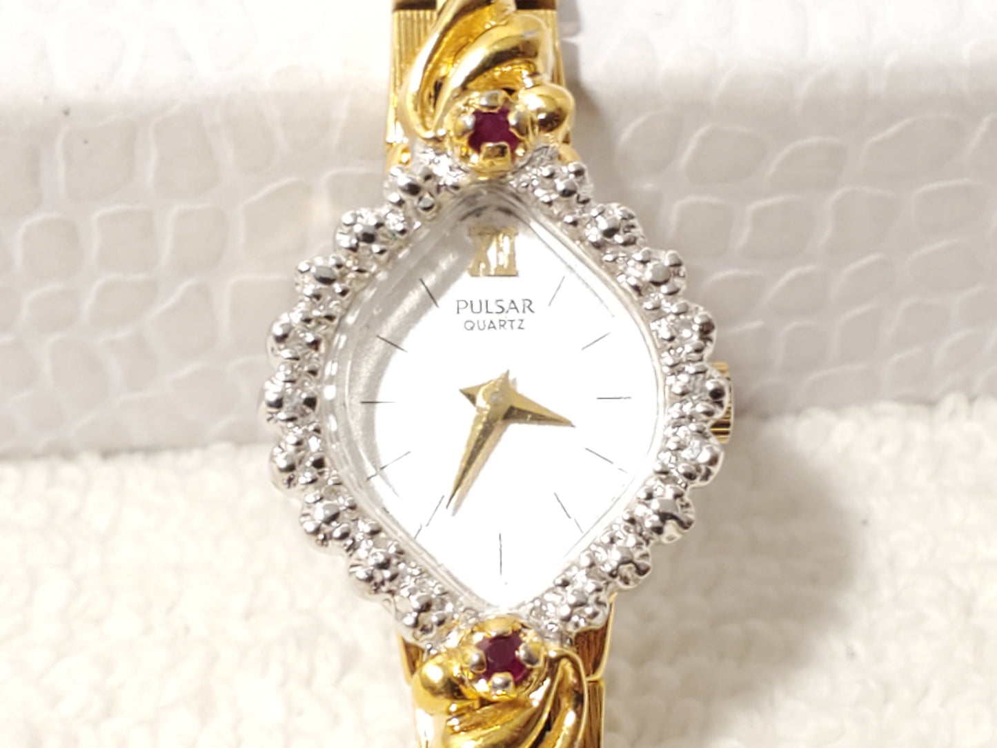 Vintage Pulsar by Seiko Women Watch Gold Tone 6 Diamonds 2 Red Rubies White Dial