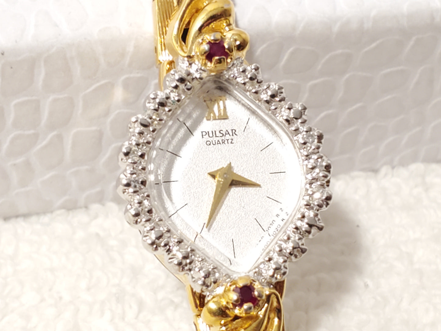 Vintage Pulsar by Seiko Women Watch Gold Tone 6 Diamonds 2 Red Rubies White Dial
