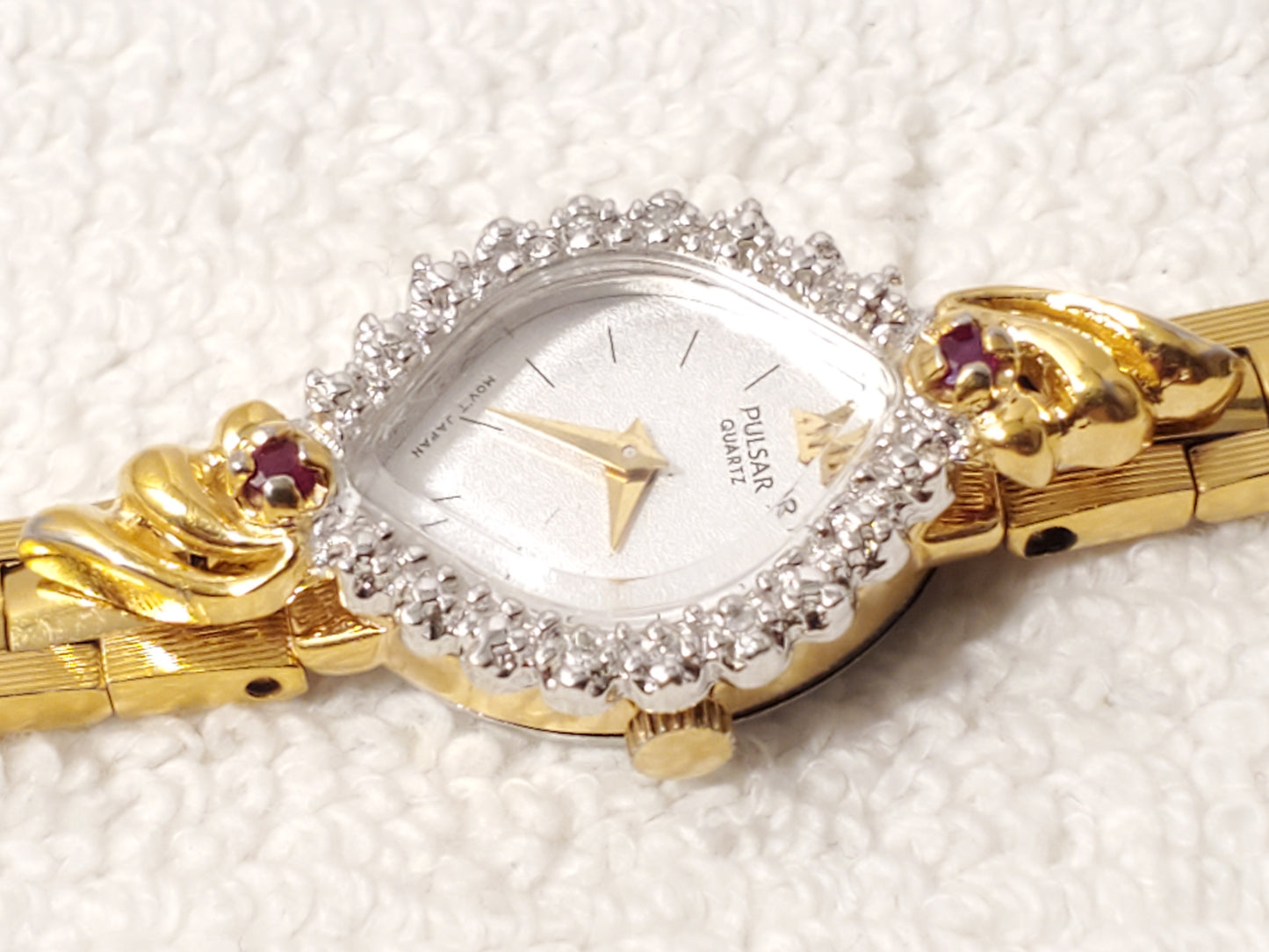 Vintage Pulsar by Seiko Women Watch Gold Tone 6 Diamonds 2 Red Rubies White Dial