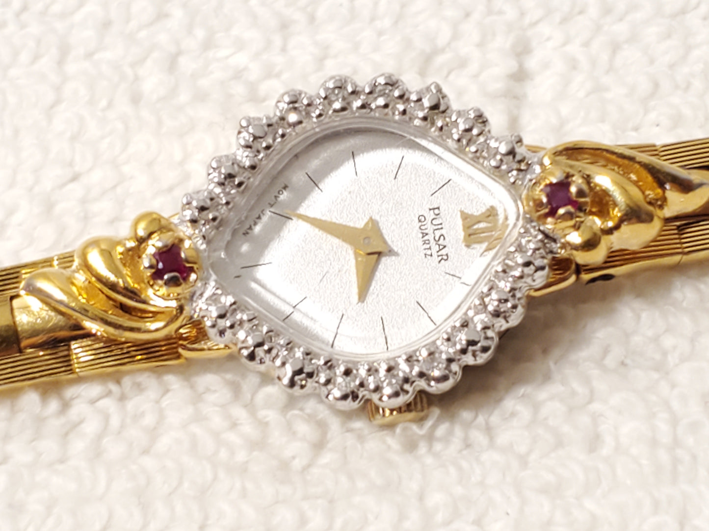 Vintage Pulsar by Seiko Women Watch Gold Tone 6 Diamonds 2 Red Rubies White Dial