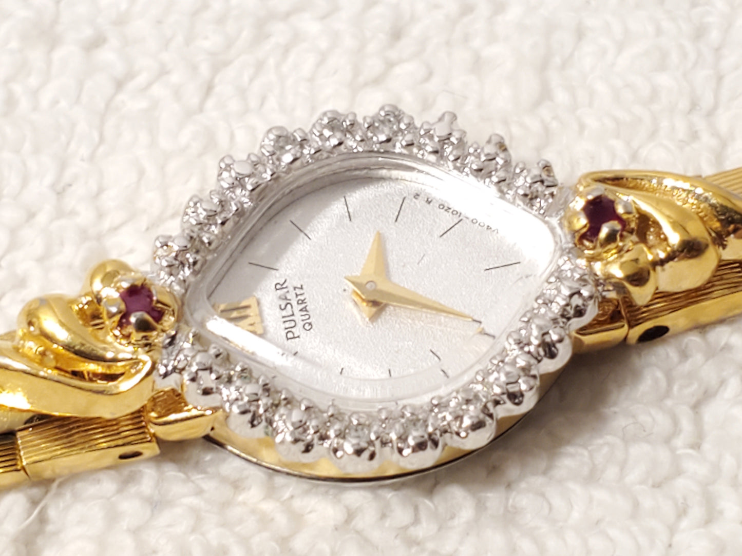 Vintage Pulsar by Seiko Women Watch Gold Tone 6 Diamonds 2 Red Rubies White Dial