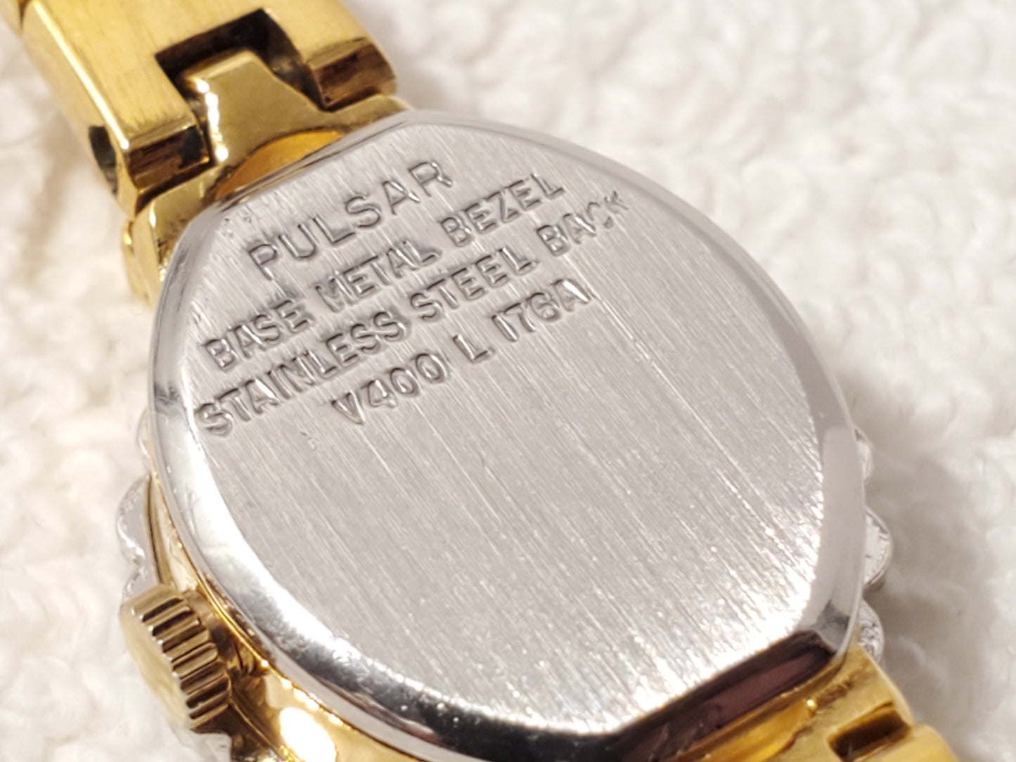 Vintage Pulsar by Seiko Women Watch Gold Tone 6 Diamonds 2 Red Rubies White Dial