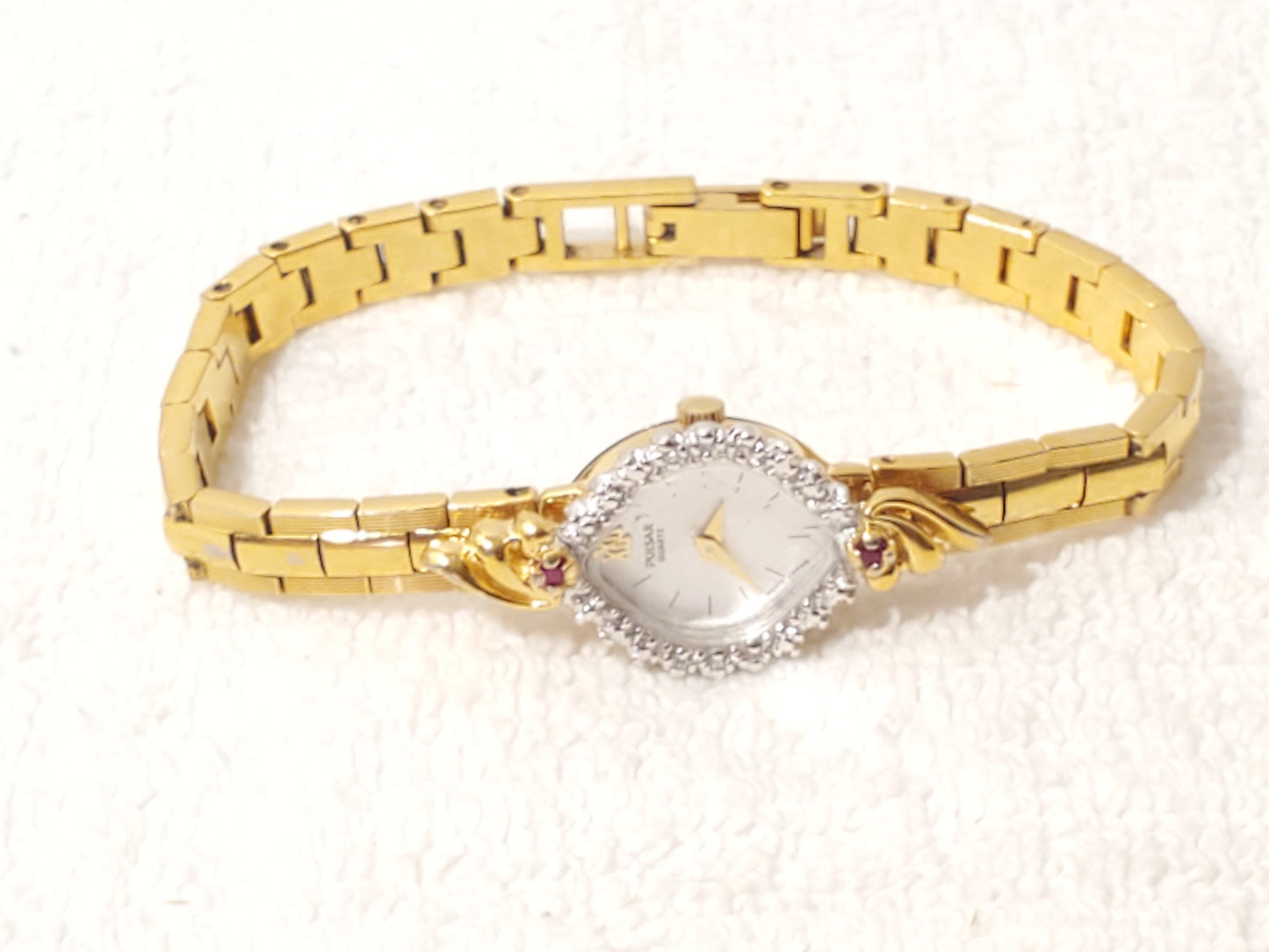 Vintage Pulsar by Seiko Women Watch Gold Tone 6 Diamonds 2 Red Rubies White Dial