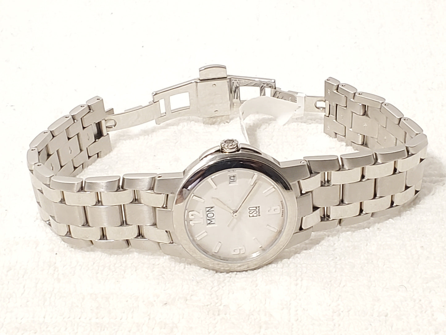 ESQ Swiss Quartz Men's Day Date White Dial Stainless Steel One Jewel Watch Tag