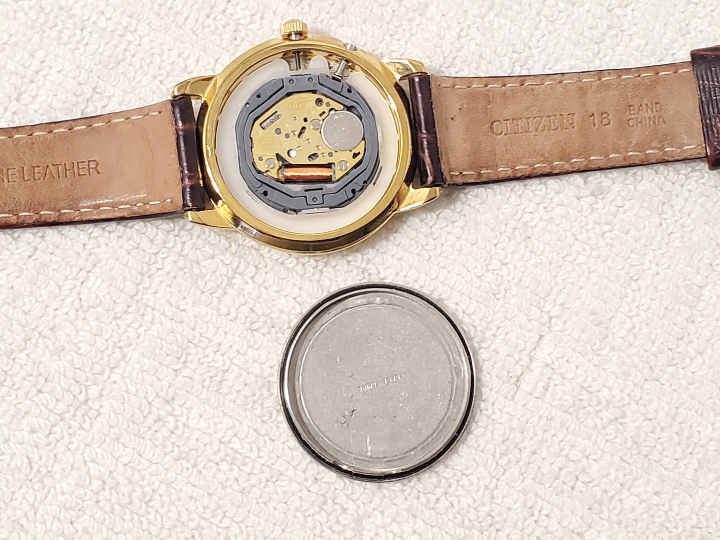 Vintage Citizen Men's Day Date Month Gold Plated Quartz Watch Brown Leather Band