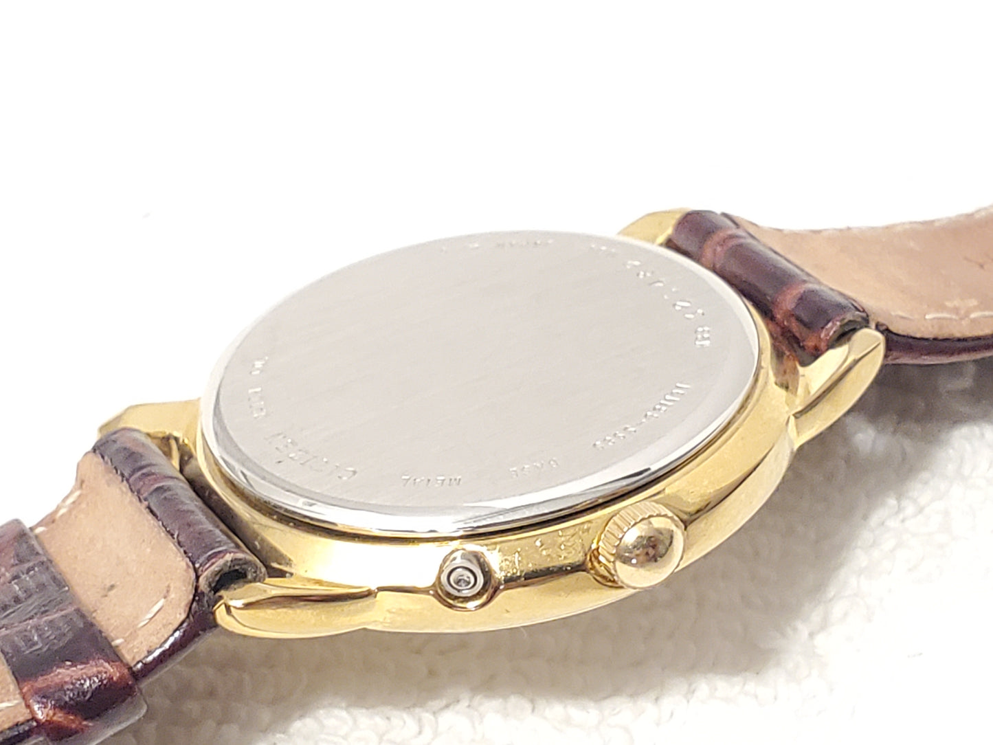 Vintage Citizen Men's Day Date Month Gold Plated Quartz Watch Brown Leather Band