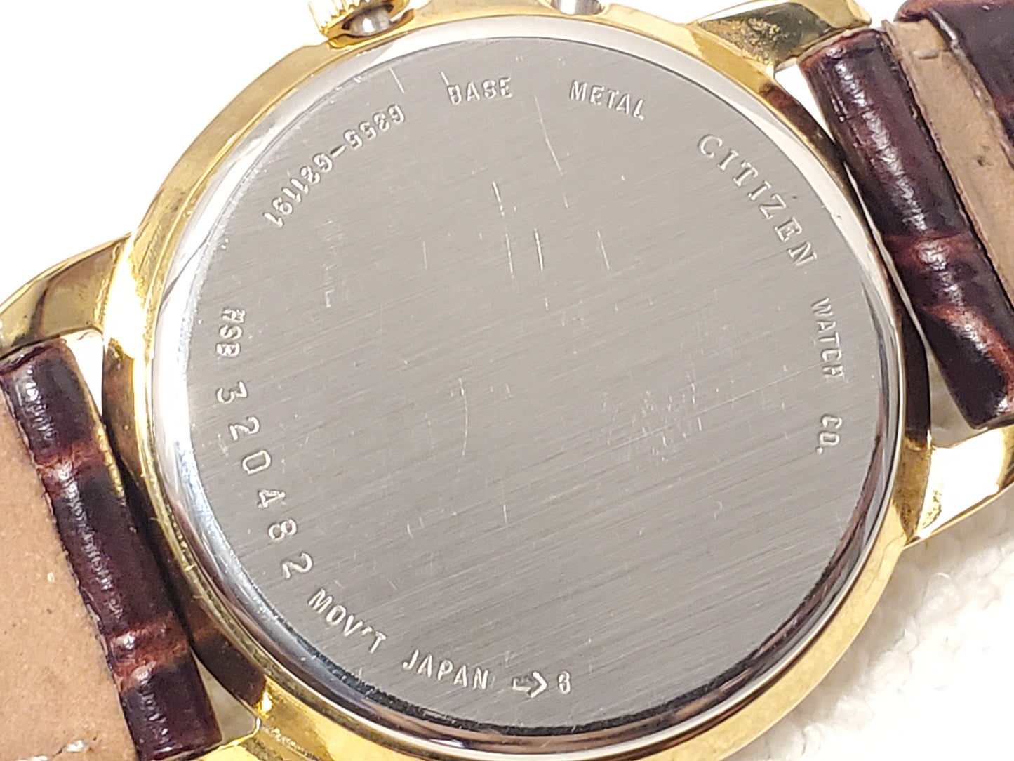 Vintage Citizen Men's Day Date Month Gold Plated Quartz Watch Brown Leather Band