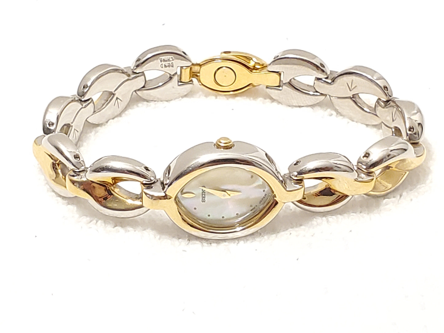 Vintage Seiko Women Two Tone Watch Mother Pearl Dial Thick Link Bracelet S Steel