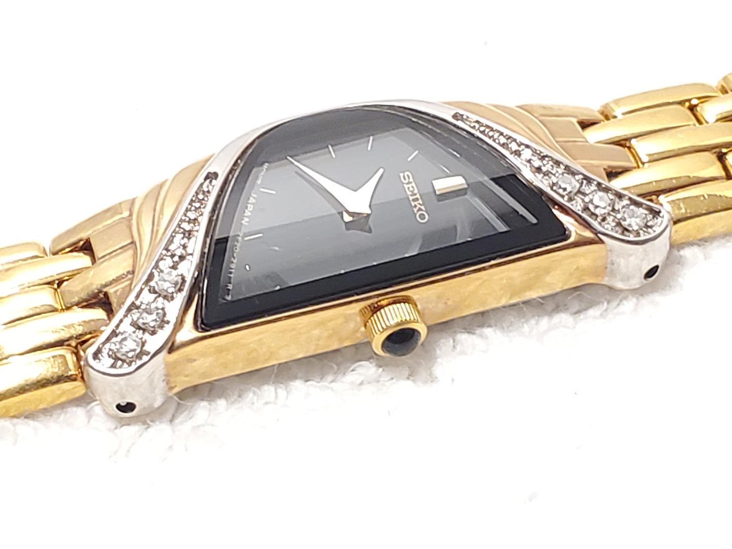 Vintage Seiko Half Moon Women Watch Black Dial Gold Silver Tone 6 Diamonds Bezel