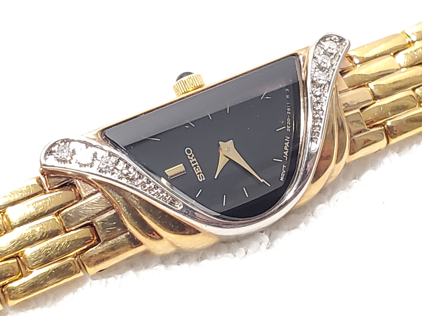 Vintage Seiko Half Moon Women Watch Black Dial Gold Silver Tone 6 Diamonds Bezel