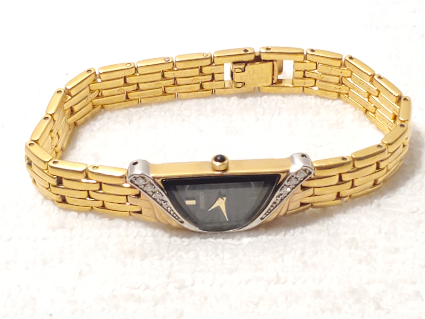 Vintage Seiko Half Moon Women Watch Black Dial Gold Silver Tone 6 Diamonds Bezel