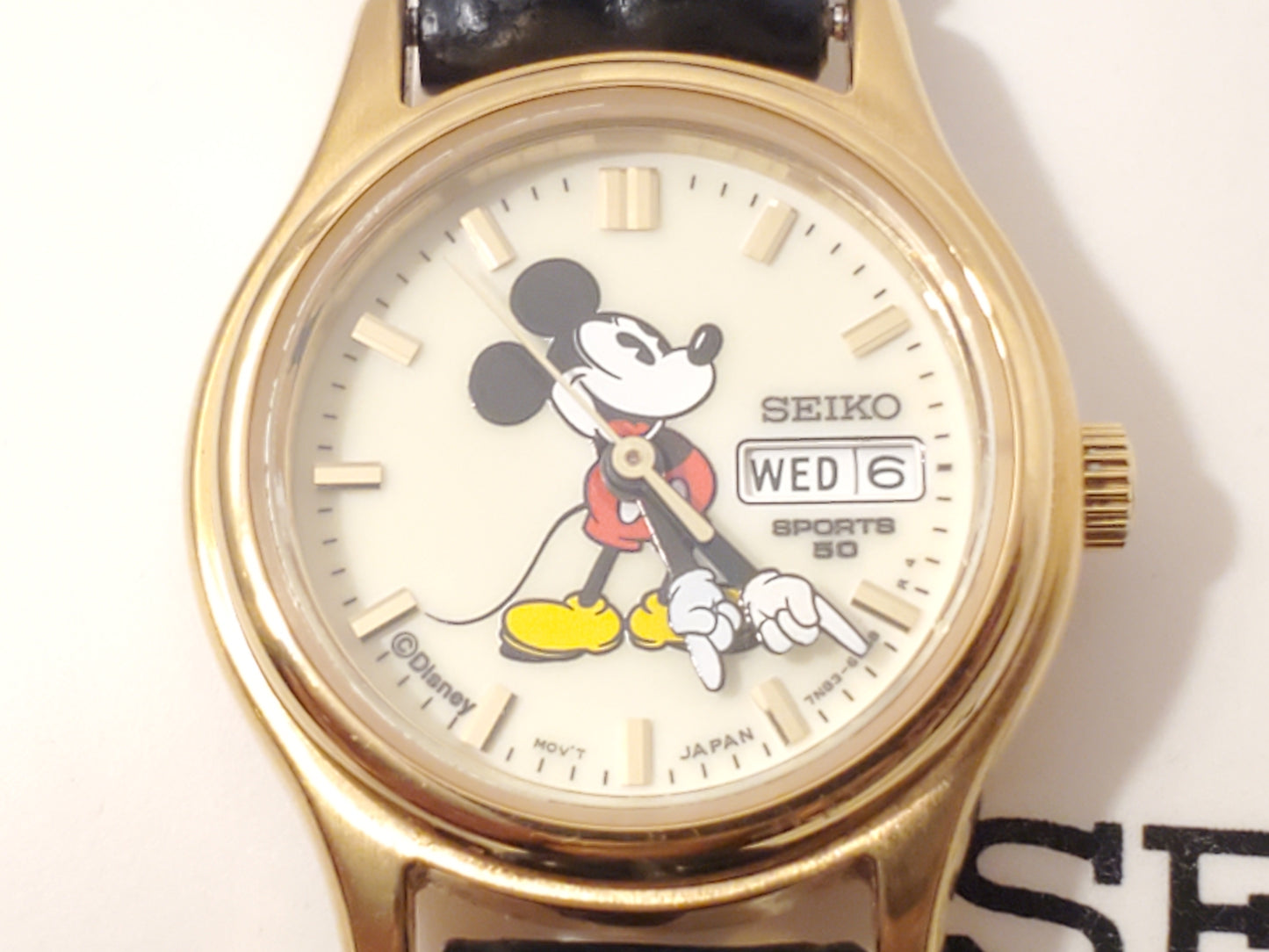 Vintage Seiko Mickey Mouse Women's Day Date Watch Gold Plated Black Leather Band