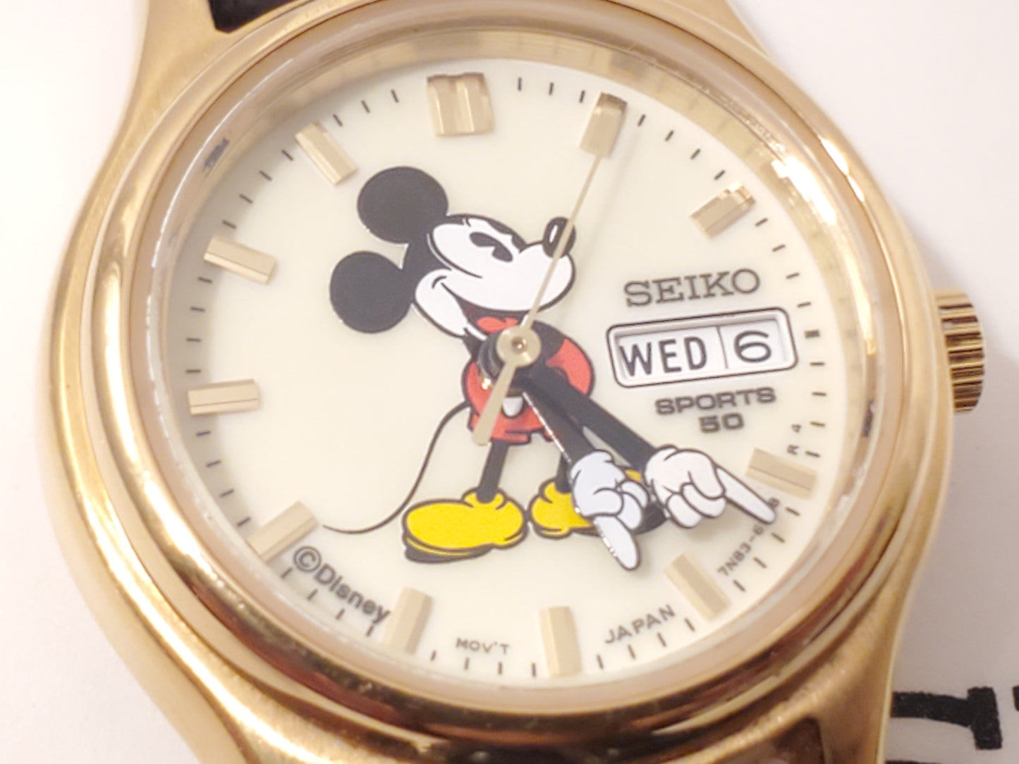 Vintage Seiko Mickey Mouse Women's Day Date Watch Gold Plated Black Leather Band