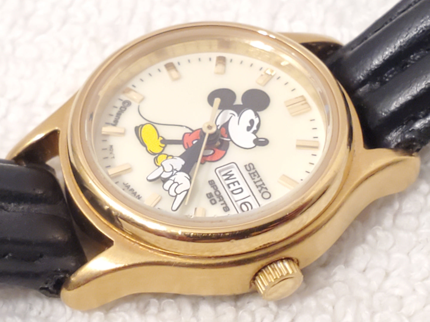 Vintage Seiko Mickey Mouse Women's Day Date Watch Gold Plated Black Leather Band