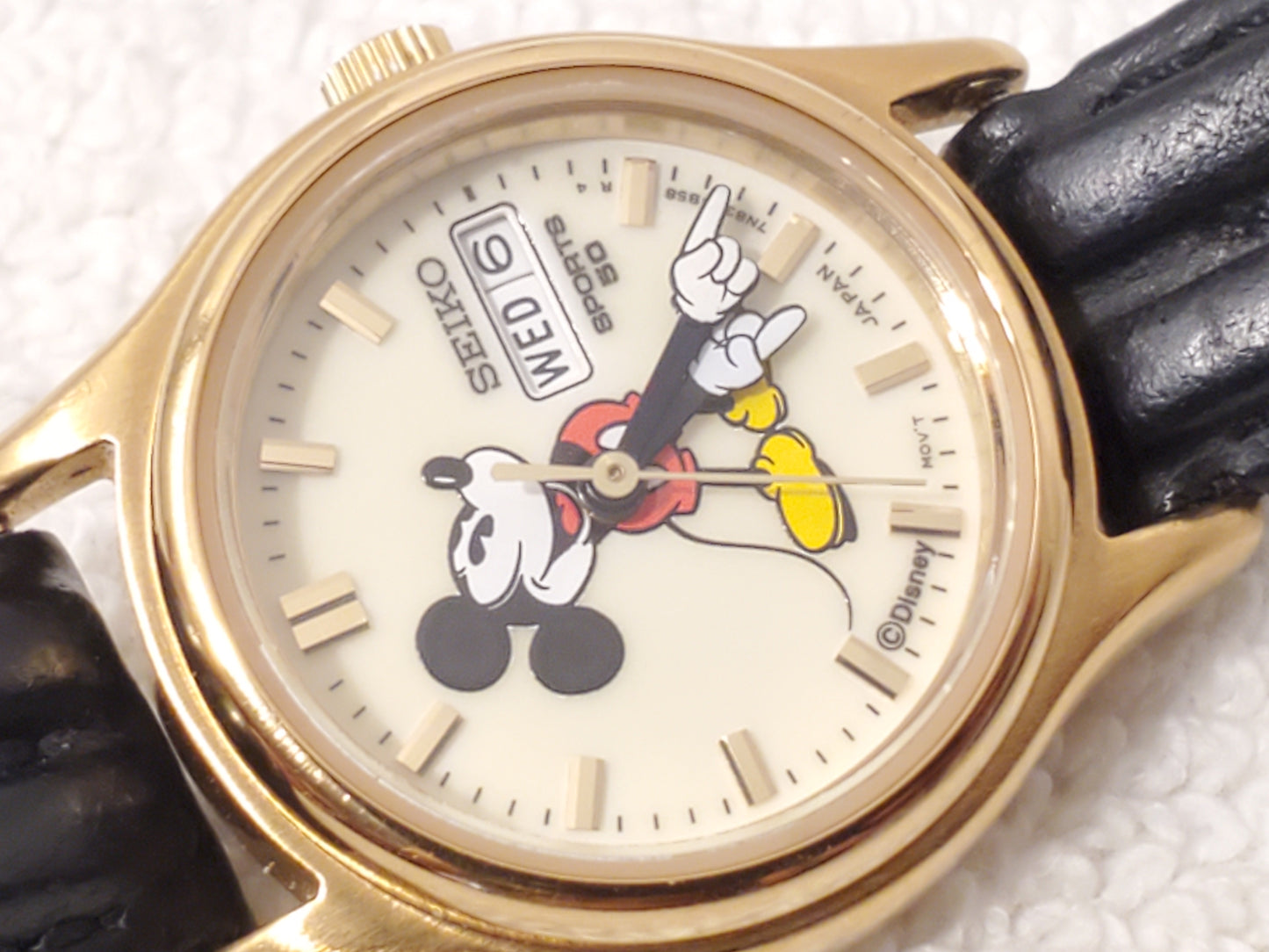 Vintage Seiko Mickey Mouse Women's Day Date Watch Gold Plated Black Leather Band