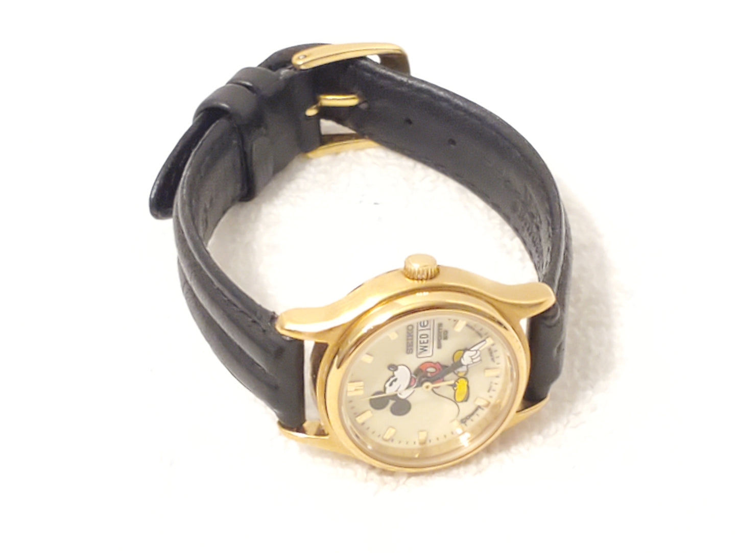 Vintage Seiko Mickey Mouse Women's Day Date Watch Gold Plated Black Leather Band
