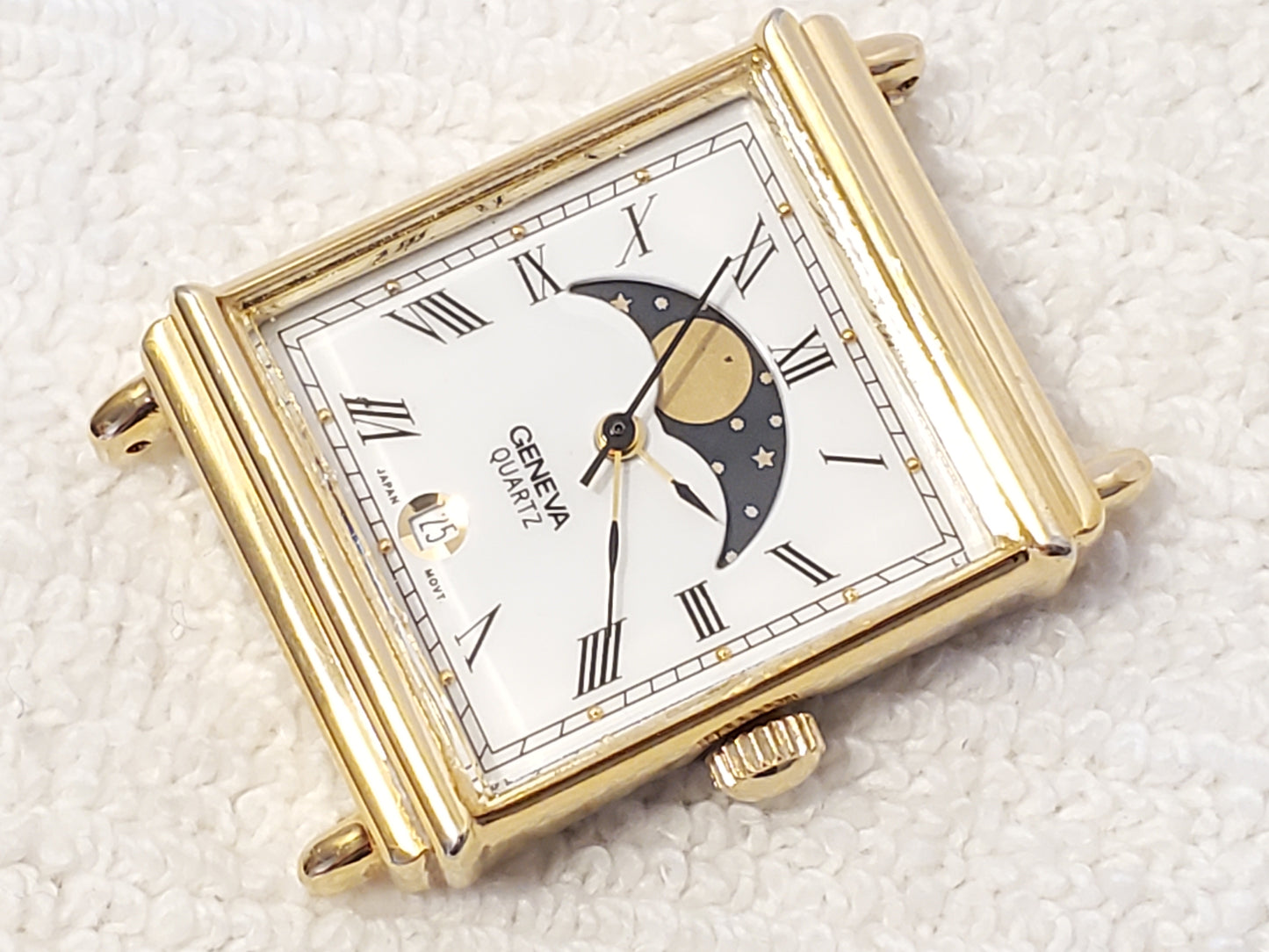 Vintage Geneva Women's Tank Date Moon Phase Quartz Watch Gold Tone One Jewel SS