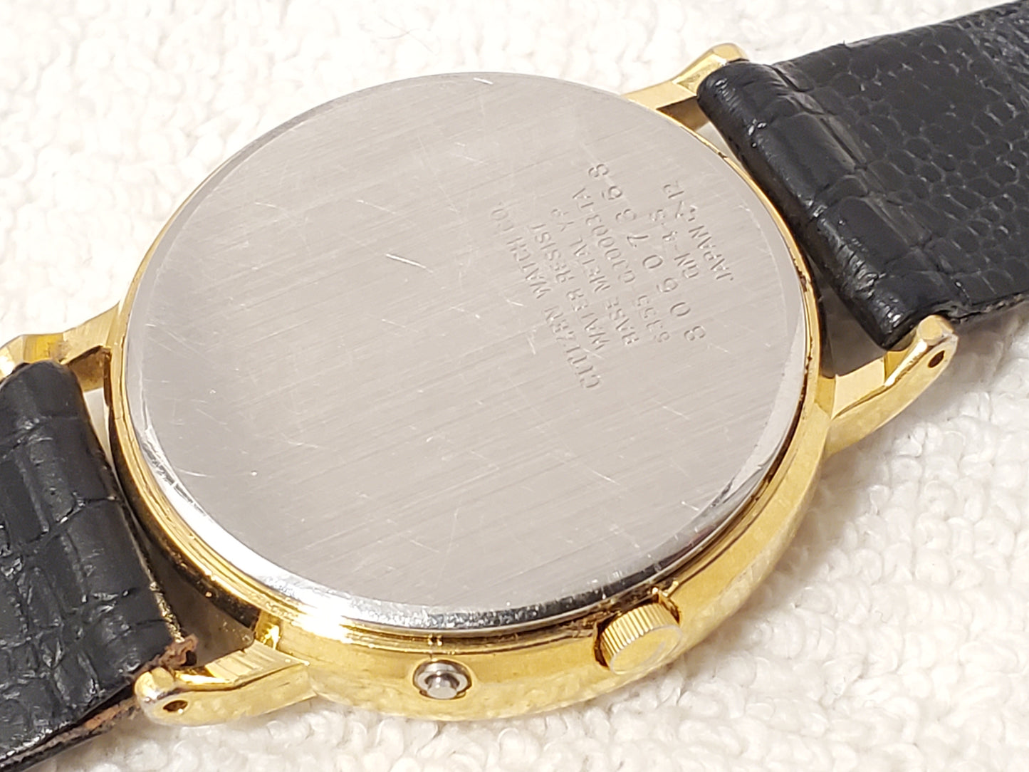 Vintage Citizen Elegance Men's Day Date Month Gold Tone Watch Black Leather Band