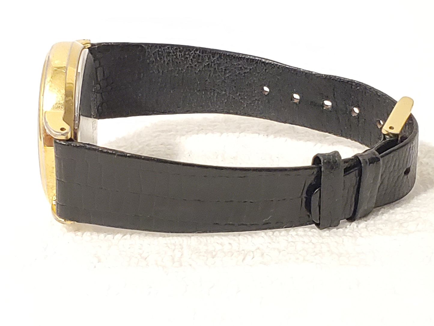 Vintage Citizen Elegance Men's Day Date Month Gold Tone Watch Black Leather Band
