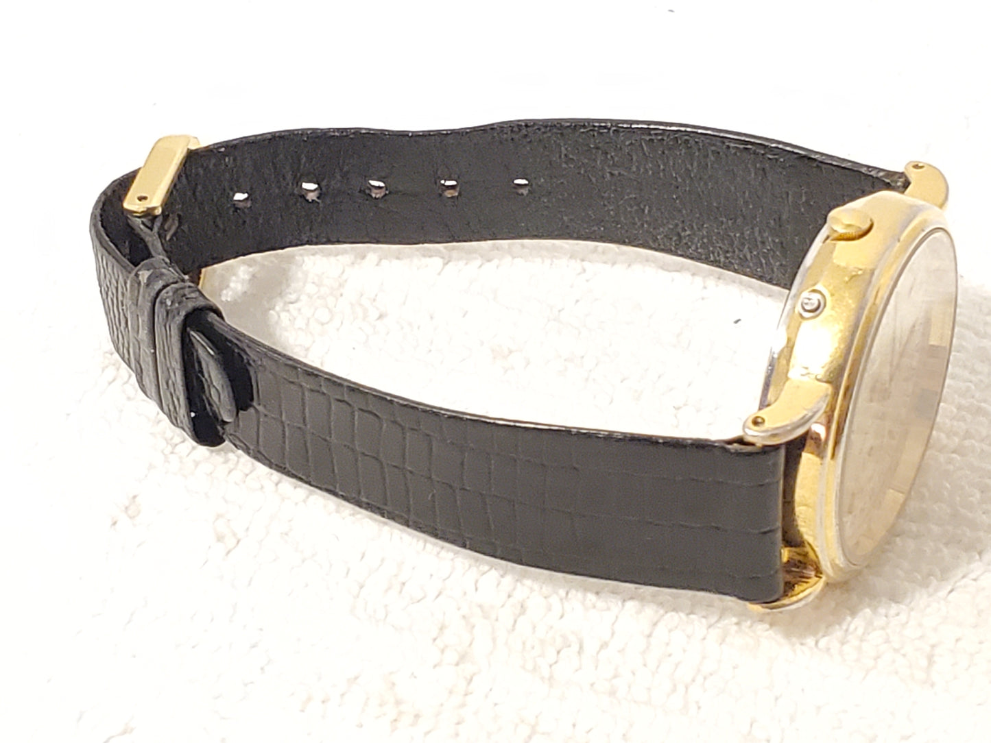 Vintage Citizen Elegance Men's Day Date Month Gold Tone Watch Black Leather Band