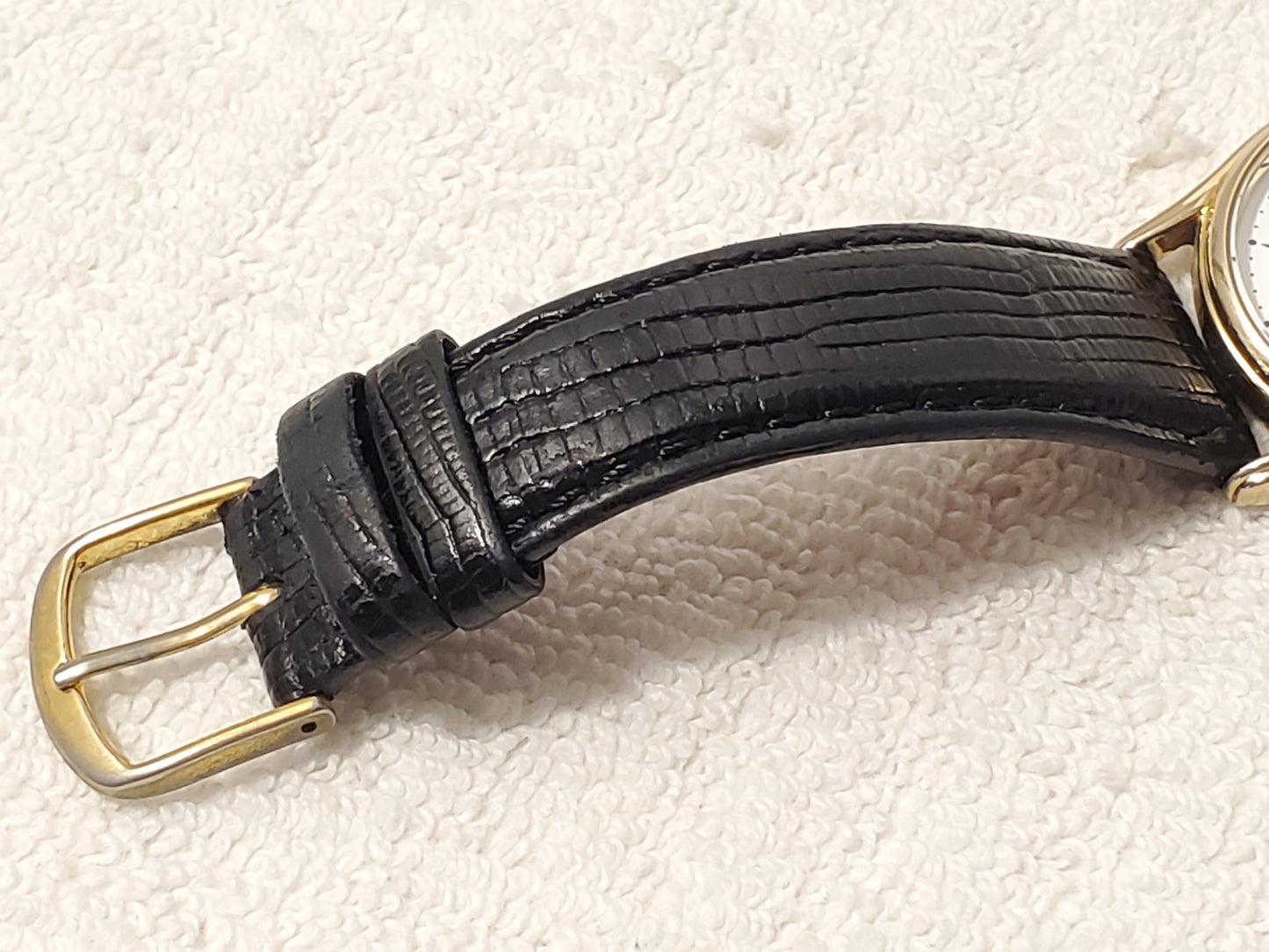 Vintage Citizen CQ Men's Day Date Gold Tone Watch White Dial Black Leather Strap