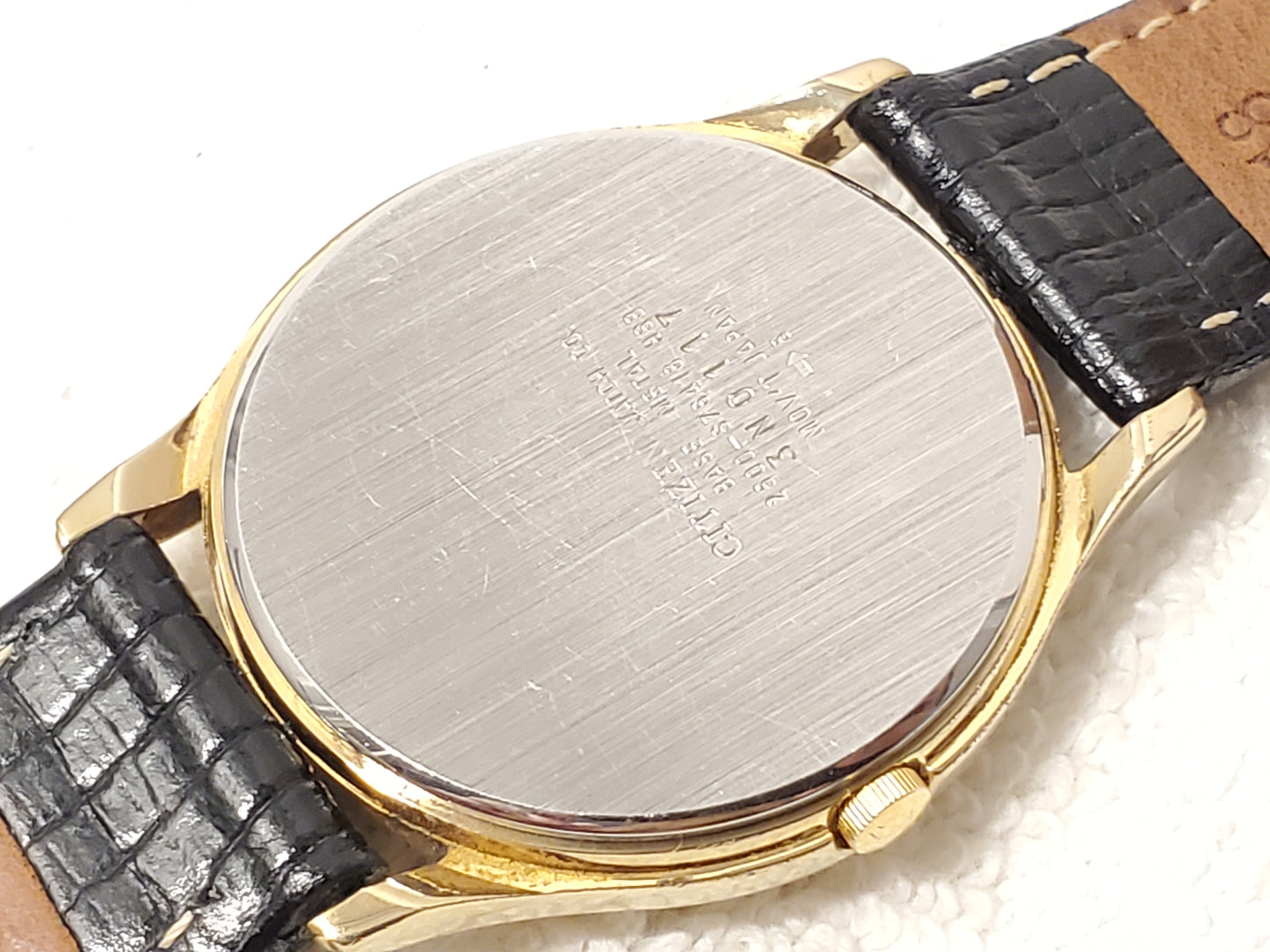 Vintage Citizen CQ Men's Day Date Gold Tone Watch White Dial Black Leather Strap