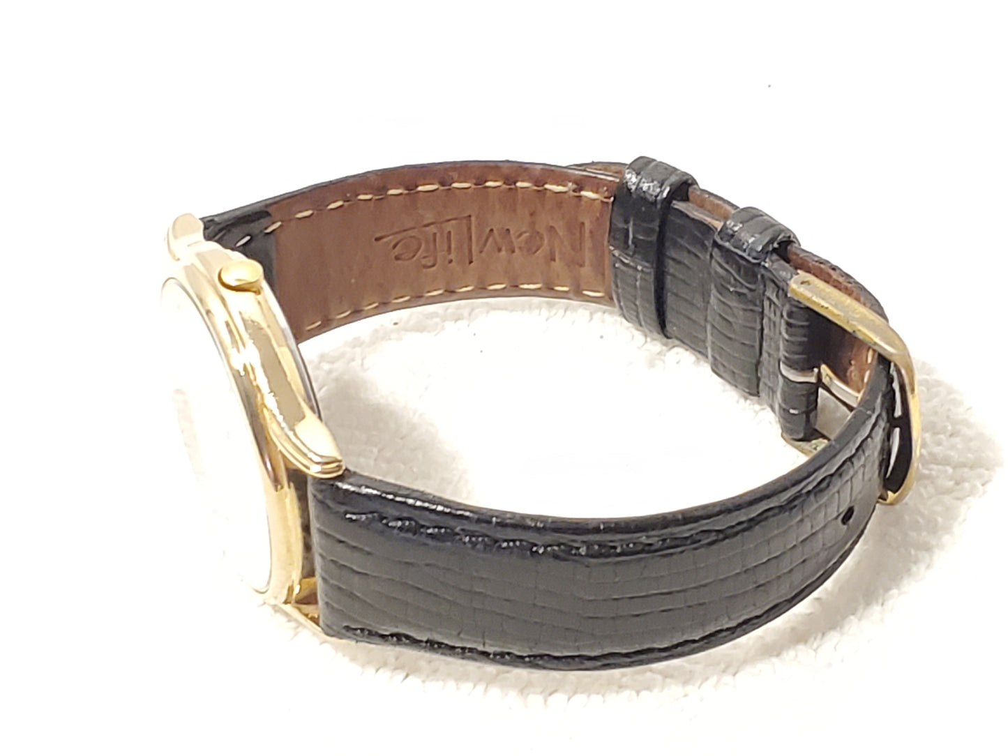 Vintage Citizen CQ Men's Day Date Gold Tone Watch White Dial Black Leather Strap