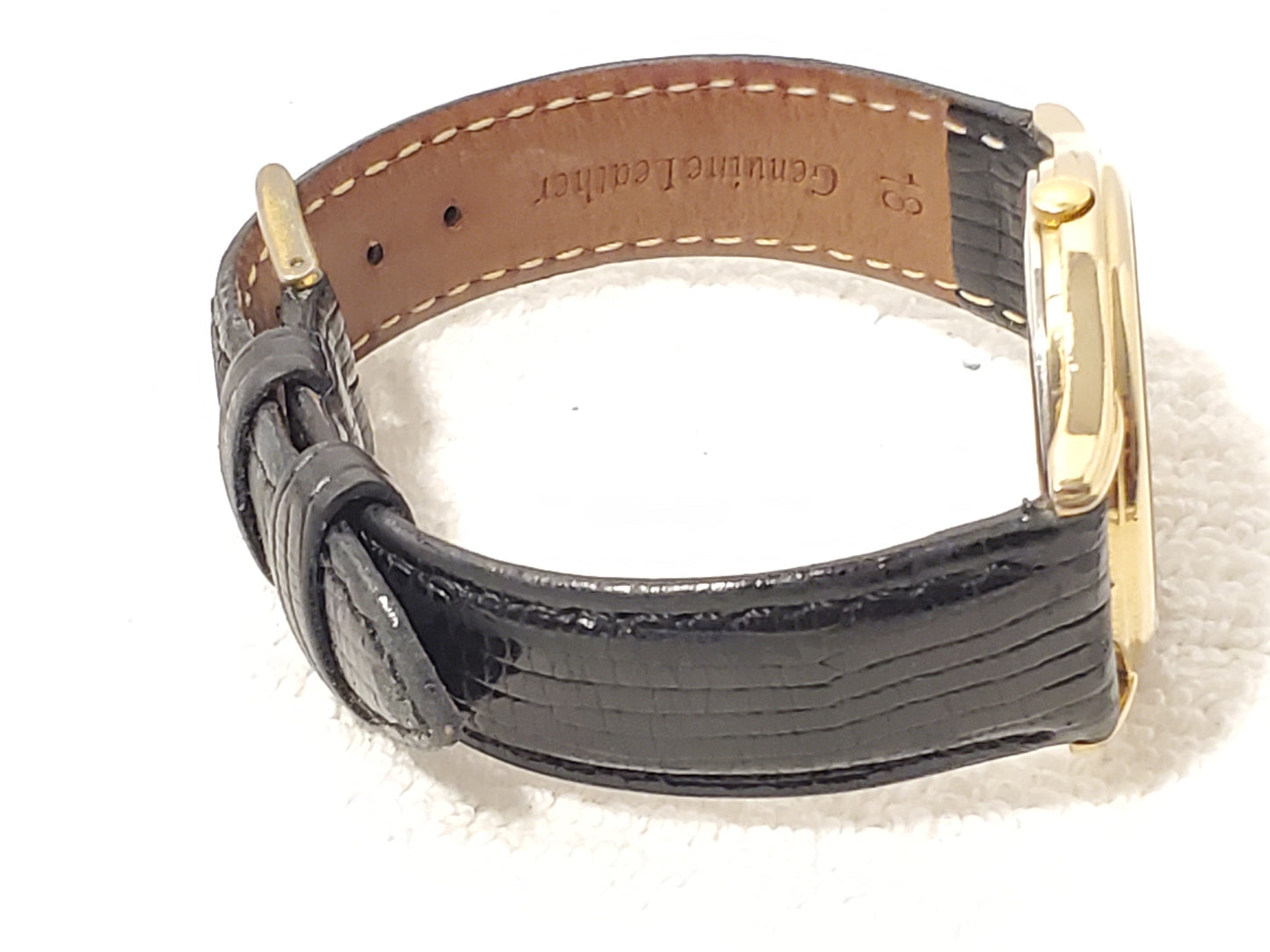 Vintage Citizen CQ Men's Day Date Gold Tone Watch White Dial Black Leather Strap