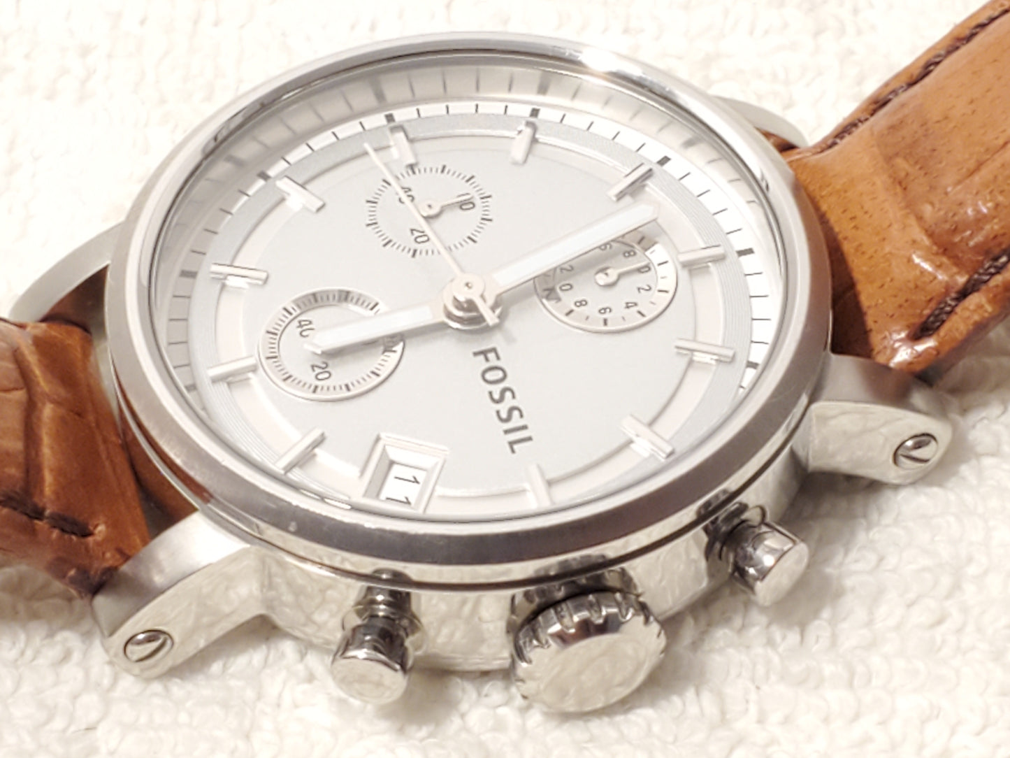 Vintage Fossil Women's Stainless Steel Chronograph Date Watch Brown Leather Band