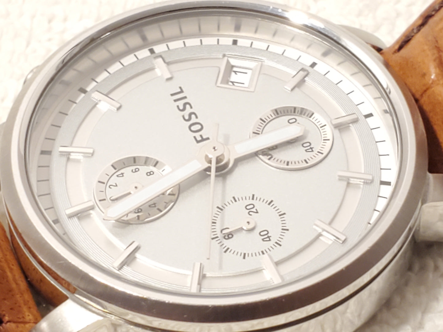 Vintage Fossil Women's Stainless Steel Chronograph Date Watch Brown Leather Band