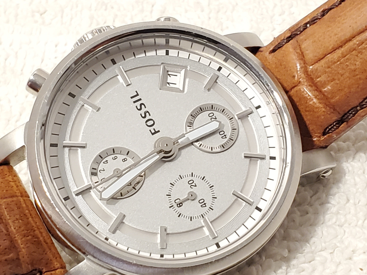 Vintage Fossil Women's Stainless Steel Chronograph Date Watch Brown Leather Band