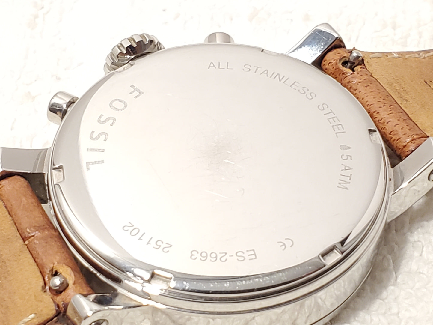 Vintage Fossil Women's Stainless Steel Chronograph Date Watch Brown Leather Band
